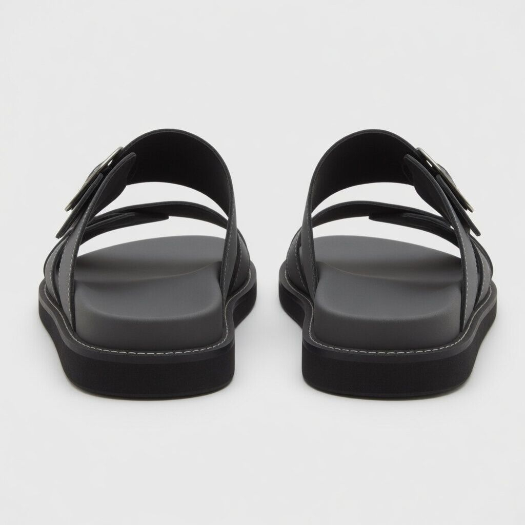 Mens Classic Grey Multi Strap Slide Sandals with Adjustable Buckle
