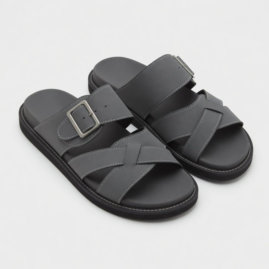 Mens Classic Grey Multi Strap Slide Sandals with Adjustable Buckle