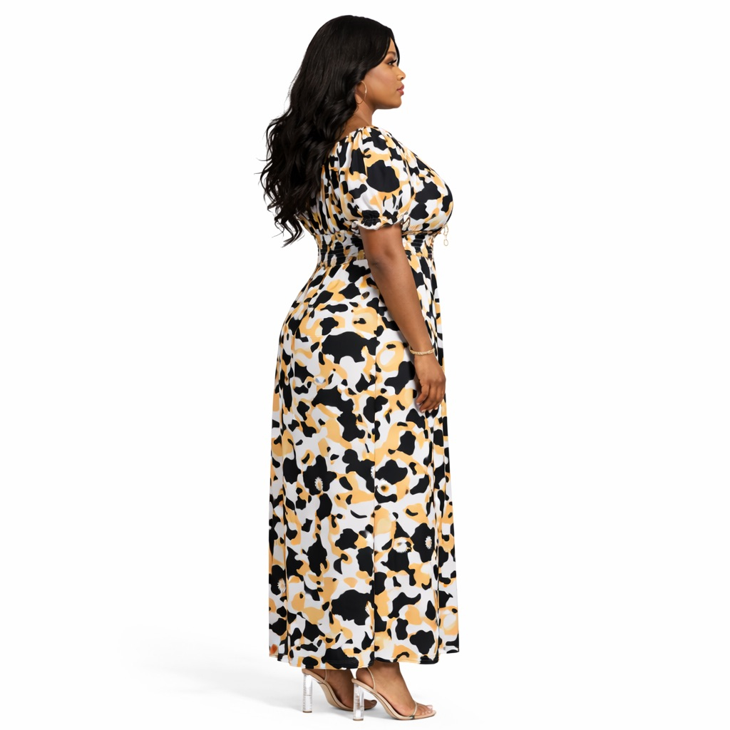 Earth Tone Floral Smocked Waist Maxi Dress with  Puff Sleeves