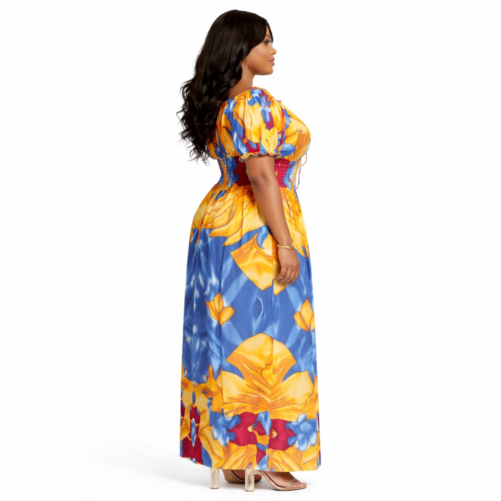 Vibrant Blue and Yellow Floral Smocked Waist  Maxi Dress