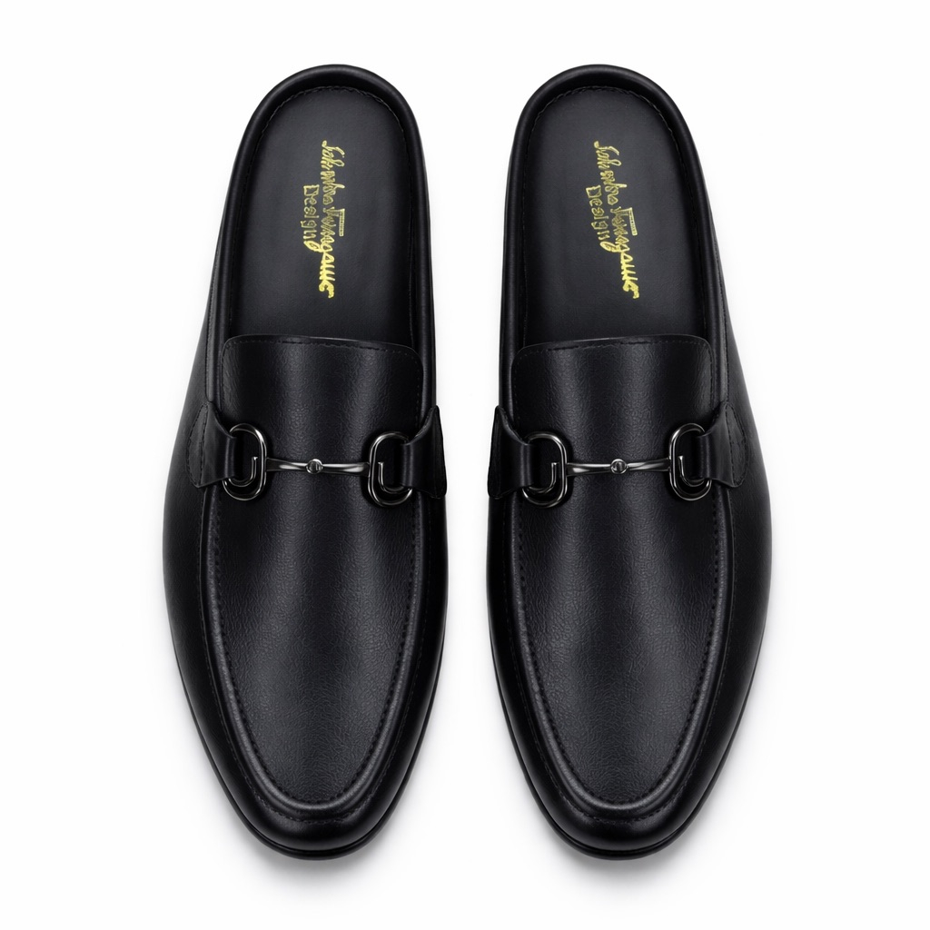 Mens Black Leather Slip On Horsebit  Mule  Loafers