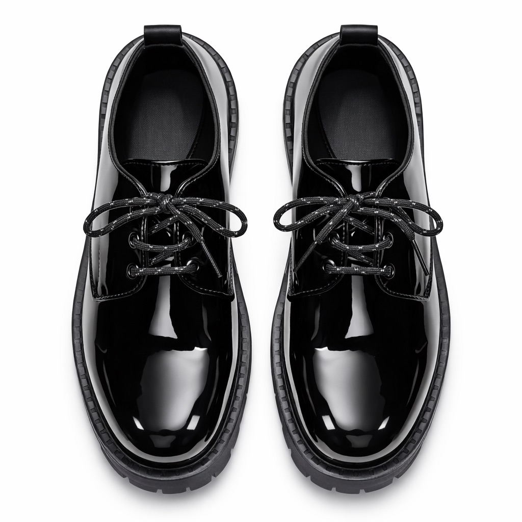 Mens Black Glossy Patent Leather  Lace Up Chunky Shoes