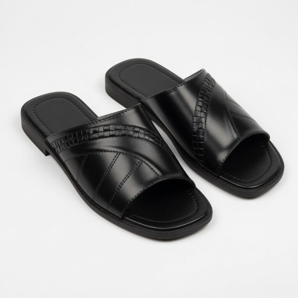 Mens Classic Black Leather Slide Sandals