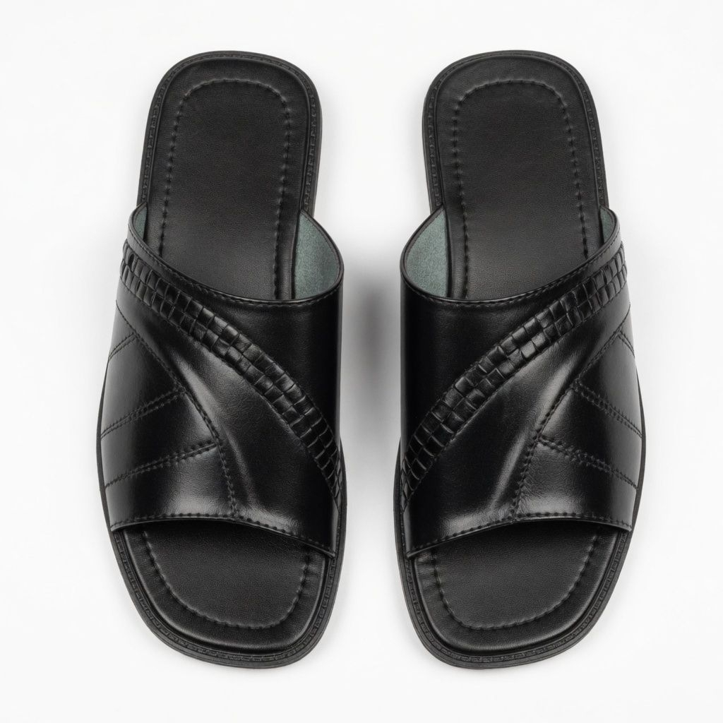 Mens Classic Black Leather Slide Sandals