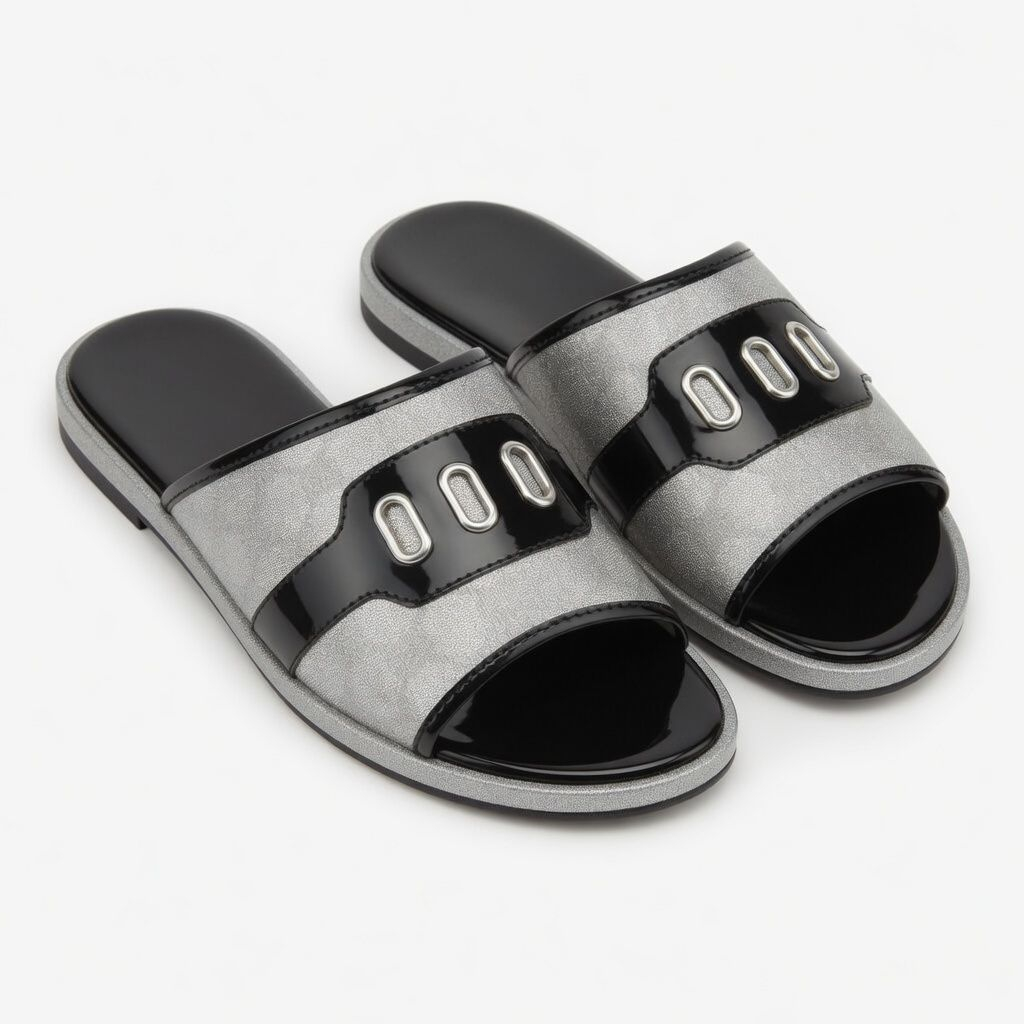 Mens Silver & Black Casual Slide Sandals