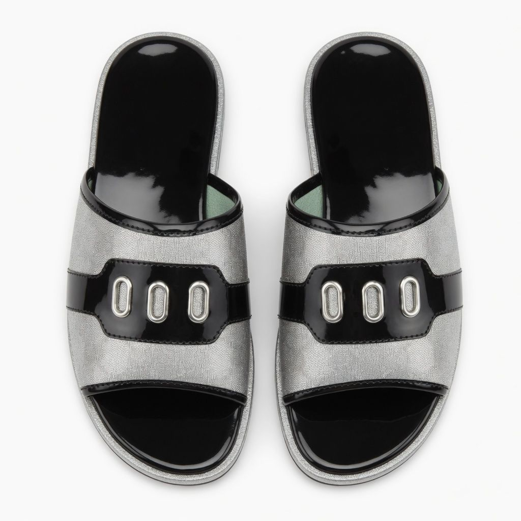 Mens Silver & Black Casual Slide Sandals