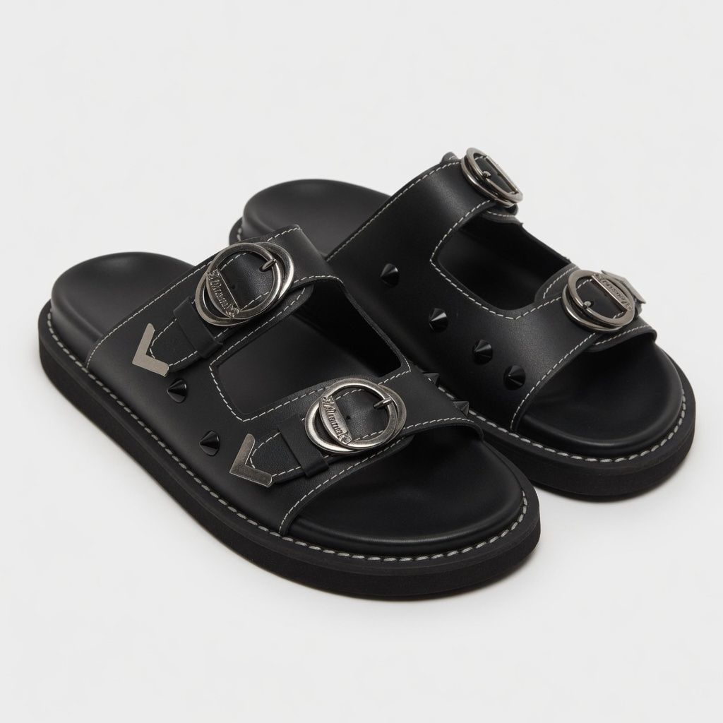 Artisanal Obsidian Dual Buckle Studded Slides