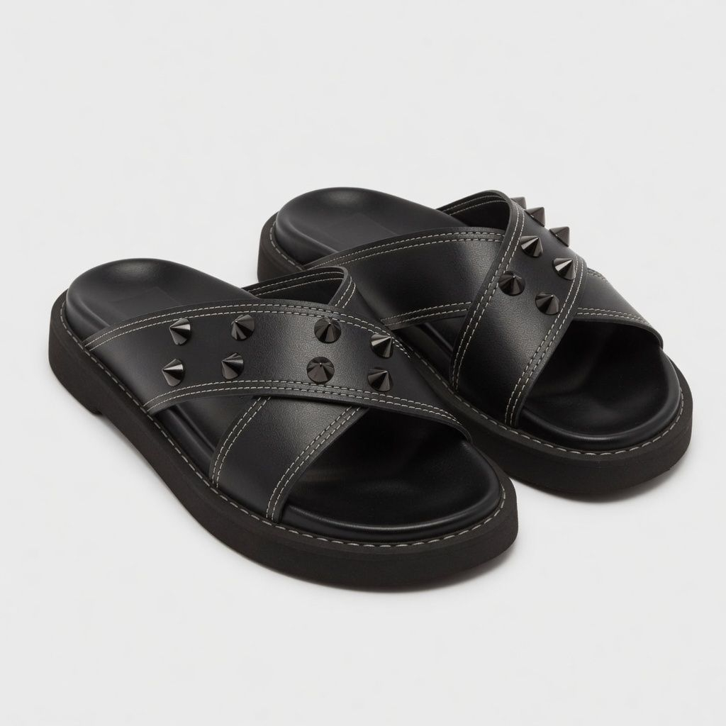 Artisanal Obsidian Studded Crossover Slides