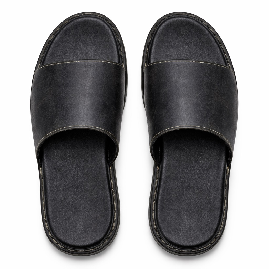 Mens Black Leather Slide Sandals with Cushioned Sole