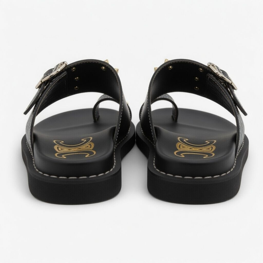 Artisanal Obsidian Croc Embossed Studded Toe Loop Sandals