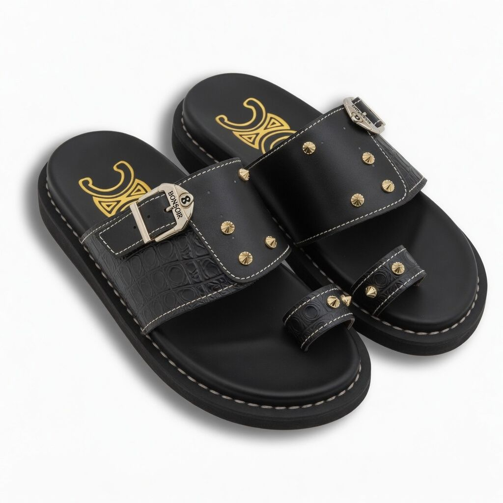 Artisanal Obsidian Croc Embossed Studded Toe Loop Sandals