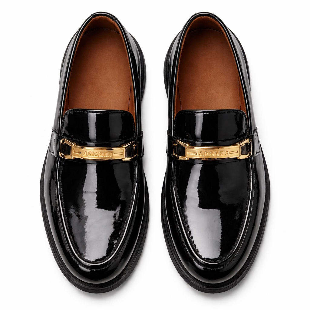 Mens Glossy Patent  Leather  Loafers with Gold Bar Detail