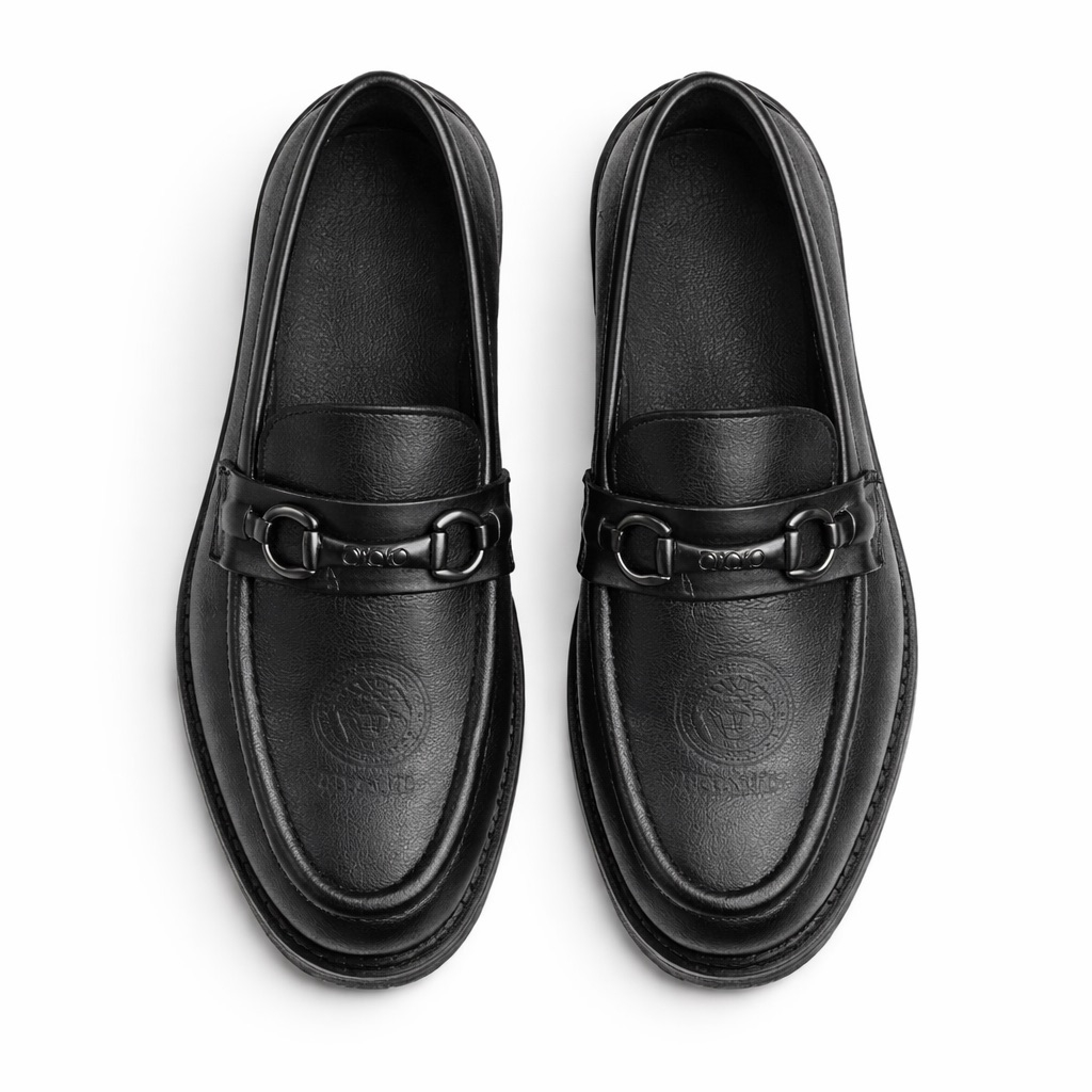 Mens Classic Black Leather Loafers with  Minimalist Horsebit  Detail