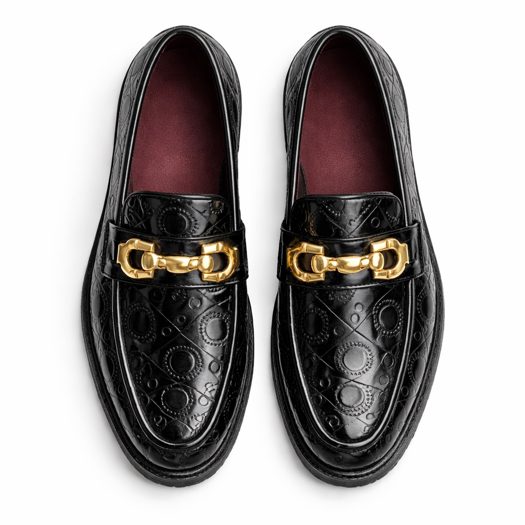 Mens Embossed Patent Leather Loafers  with  Bold Gold Chain Detail