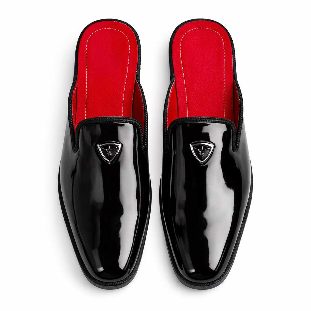 Mens Patent Leather Slip On  Mules with Red Interior