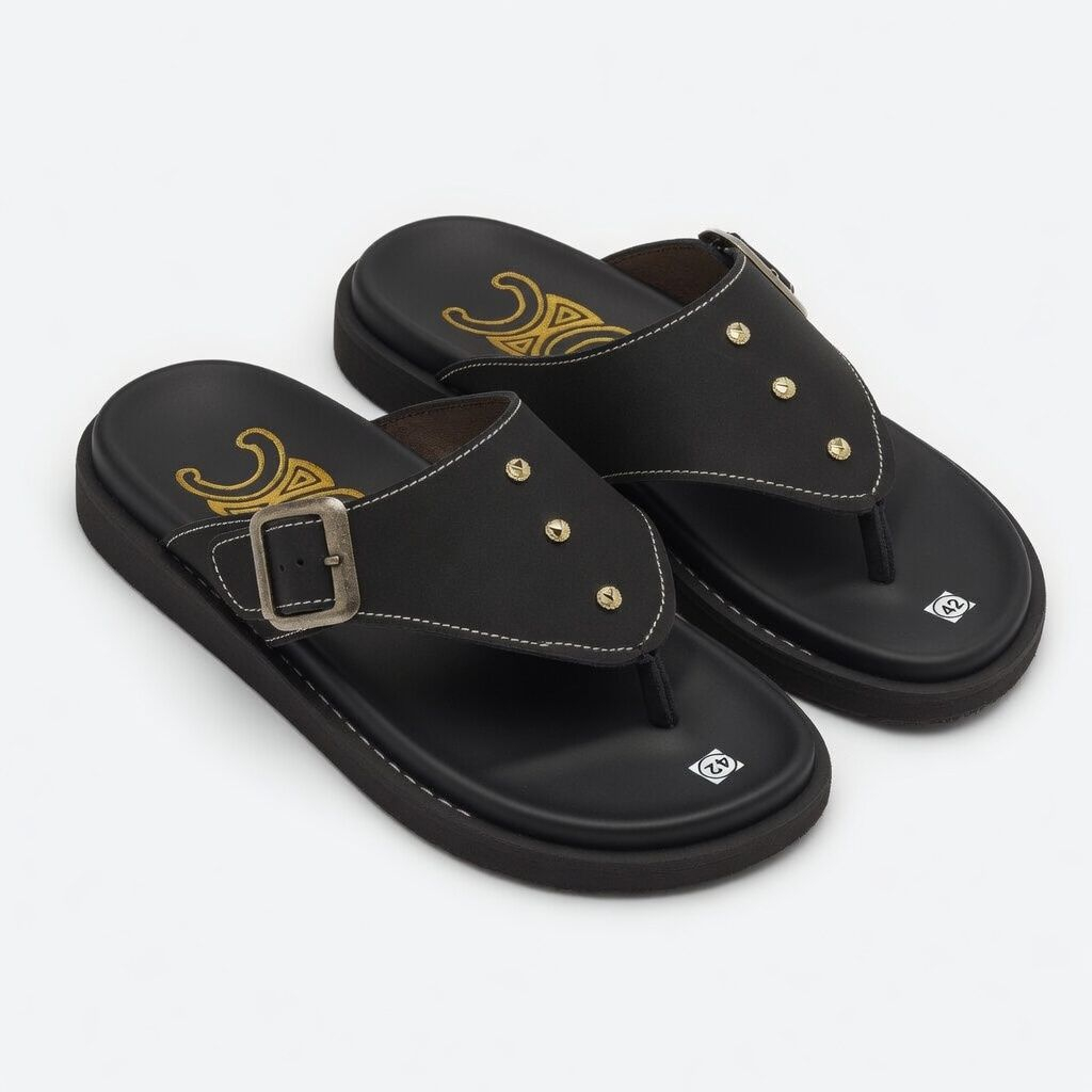 Artisanal Sienna Black Chevron Stitched Slides
