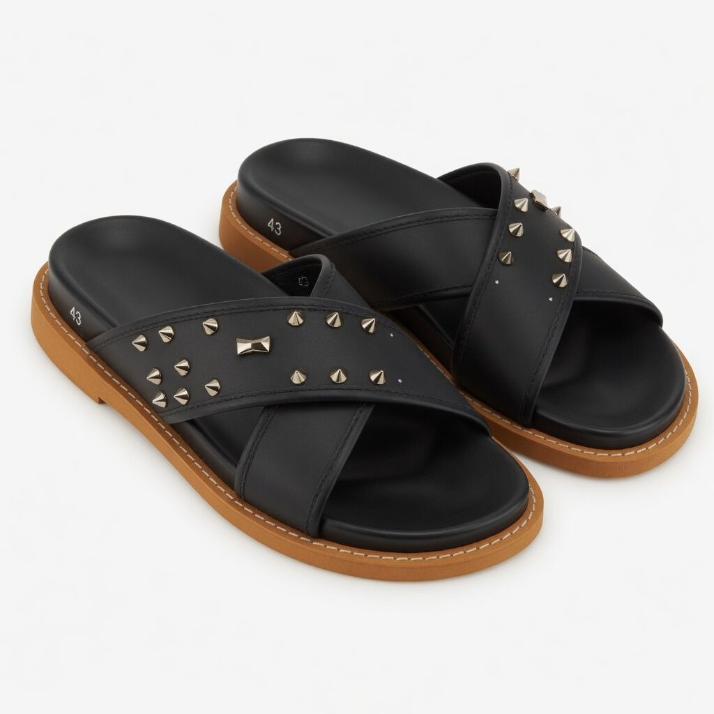 Men black Studded Cross Strap Slide Slippers
