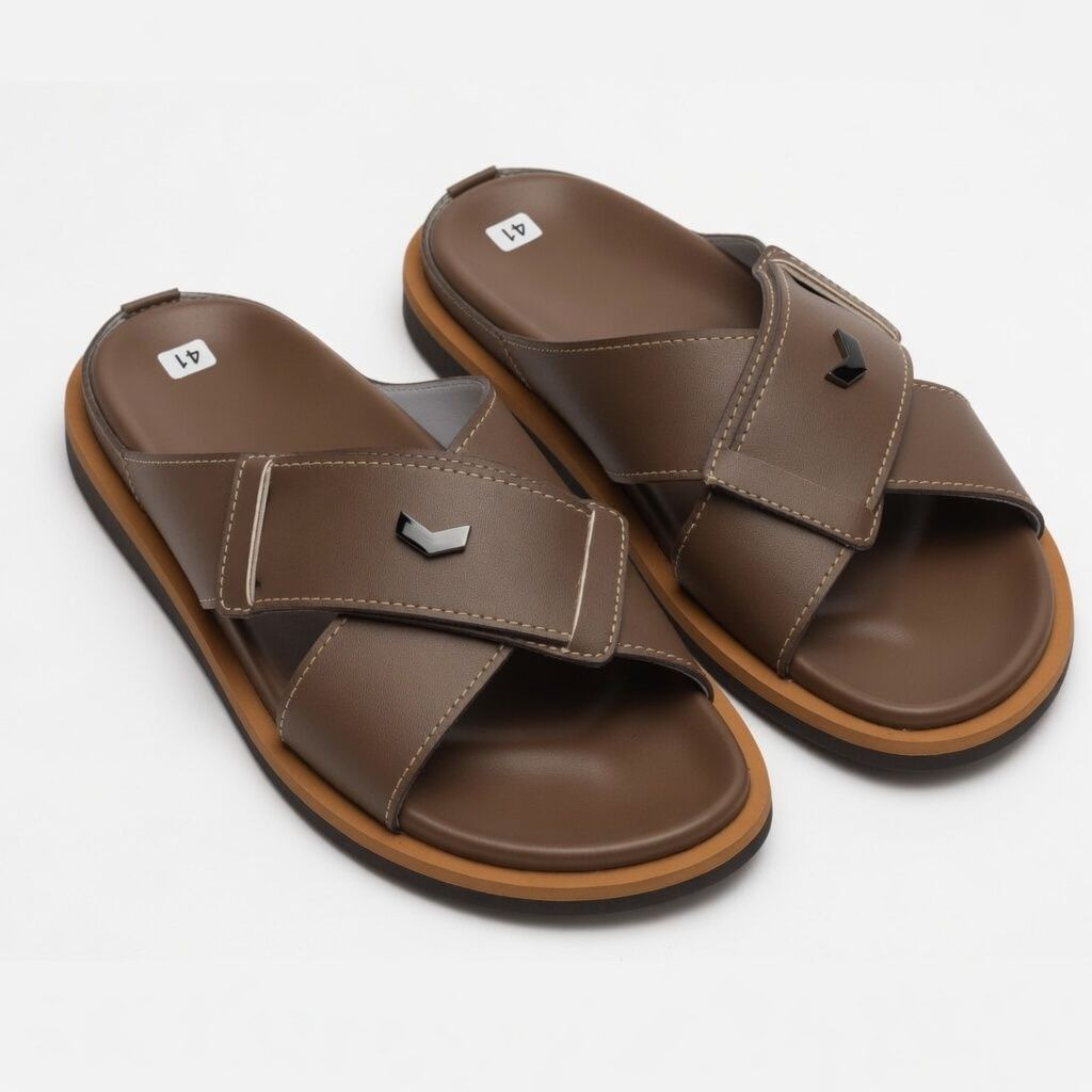 Men coffee brown Cross Strap Casual Slide Slippers