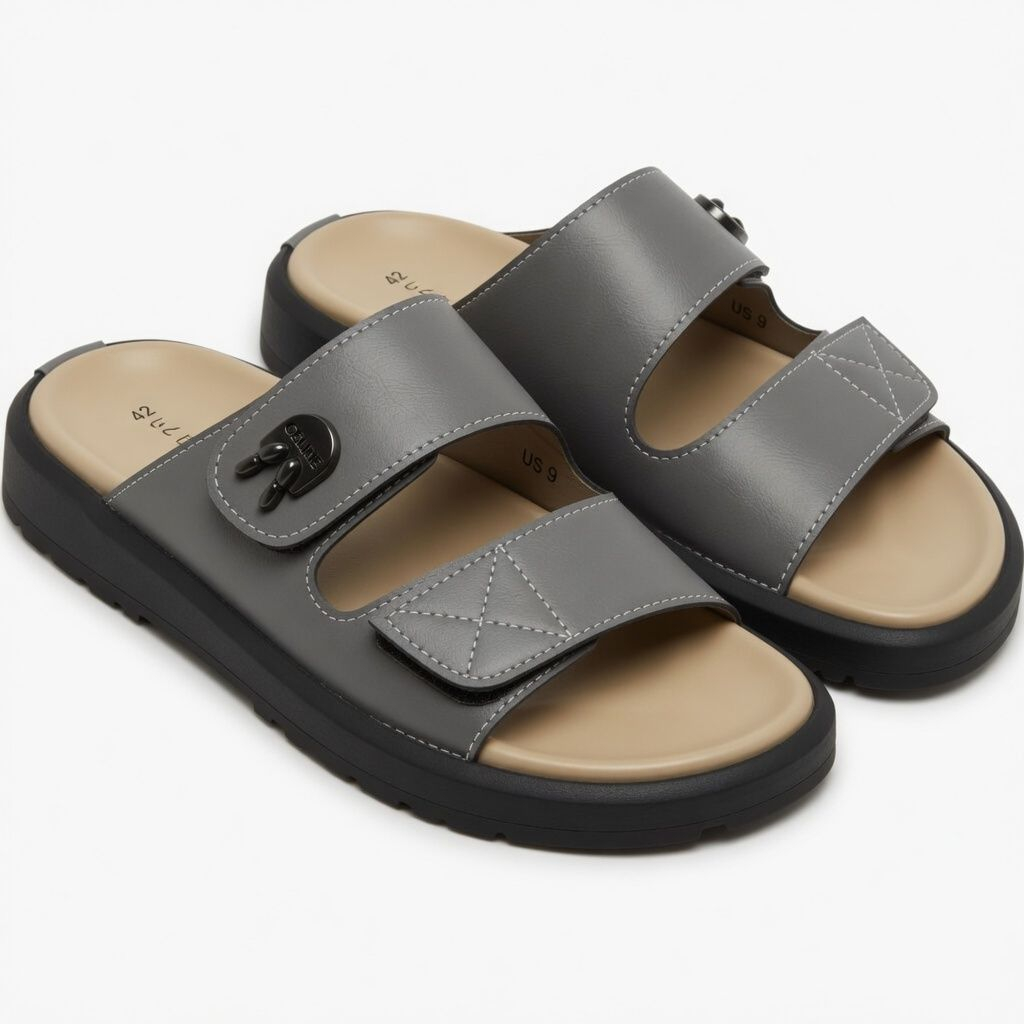 Quality Men Grey Double Strap Casual Slide Slippers