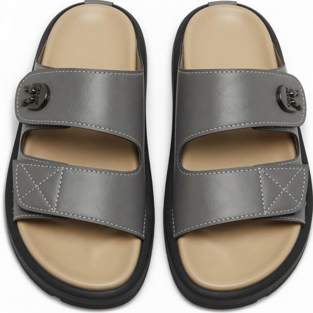 Quality Men Grey Double Strap Casual Slide Slippers