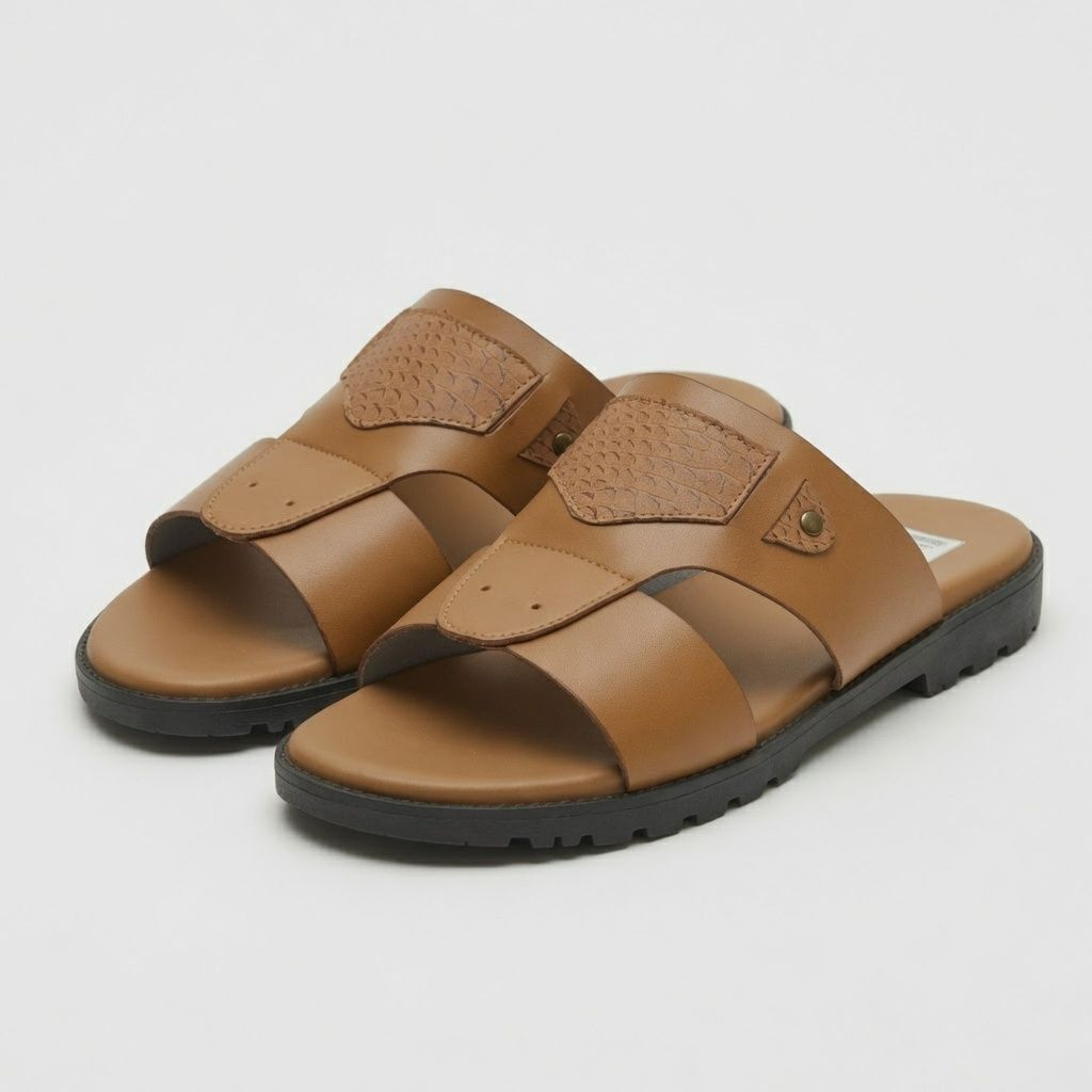 Mens Tan Multi Strap Open Toe Slide Sandals