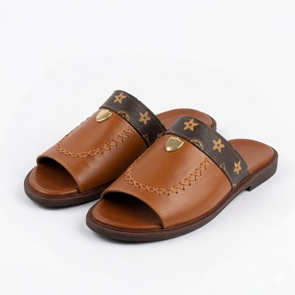 Mens Brown Open Toe Comfort Slide Sandals