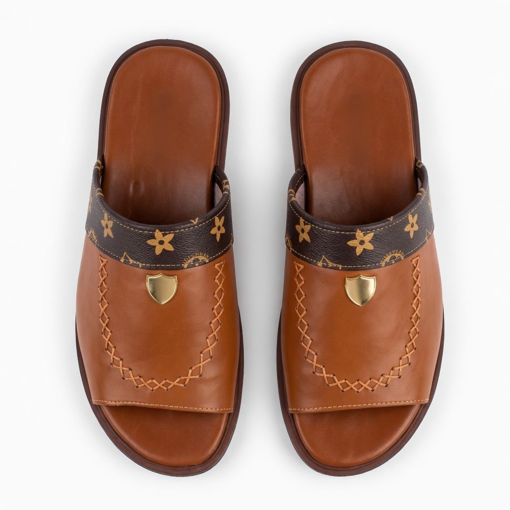 Mens Brown Open Toe Comfort Slide Sandals
