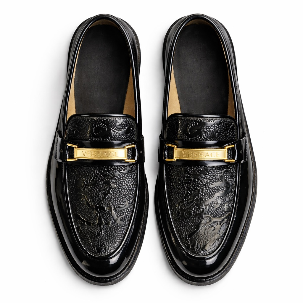 Mens Textured Patent Leather Loafers  with  Gold Accent Bar