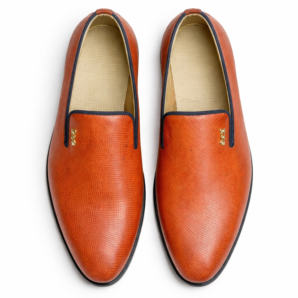 Mens Textured Leather Slip On  Loafers  in Burnt Orange
