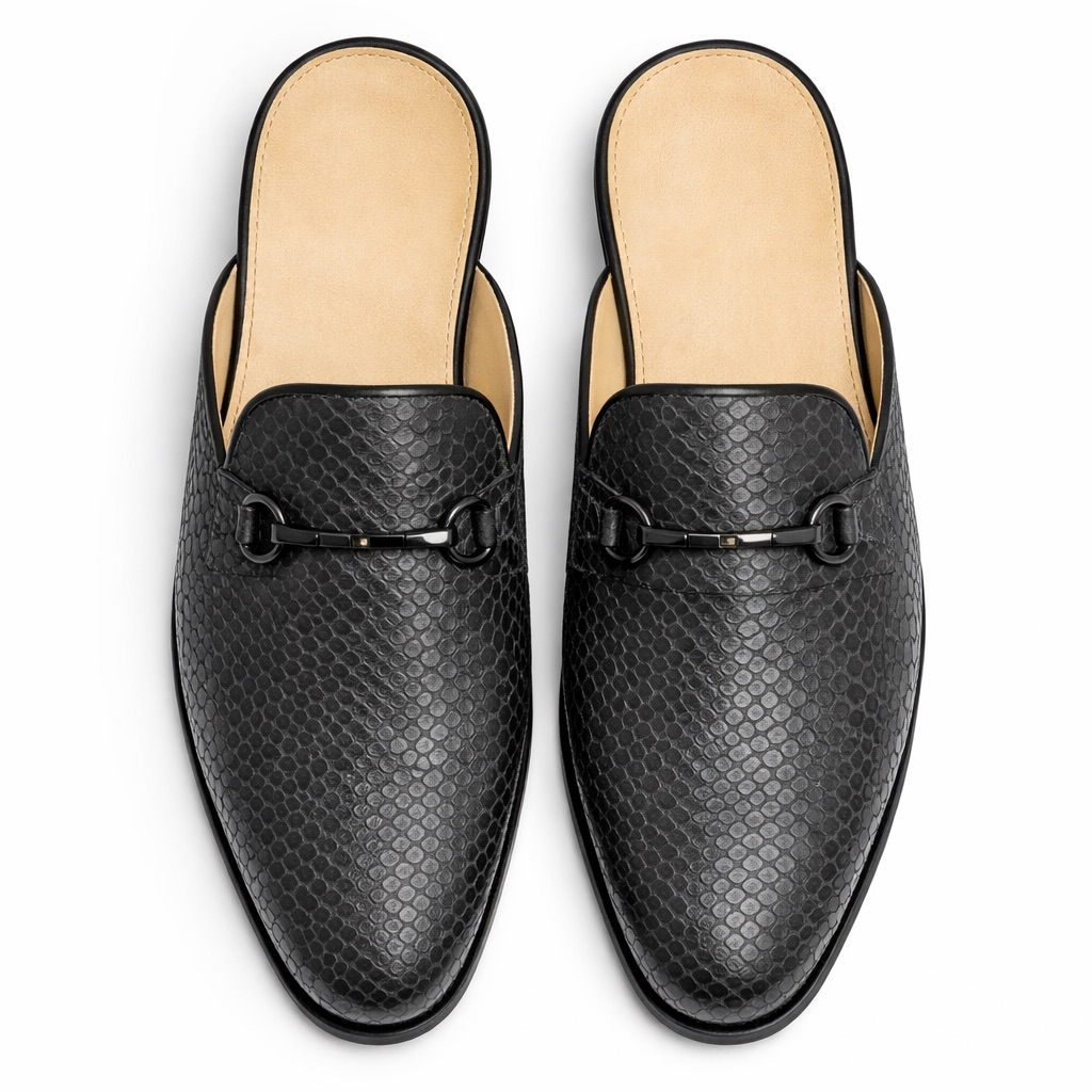 Mens Black Textured Leather Backless Mule Loafers