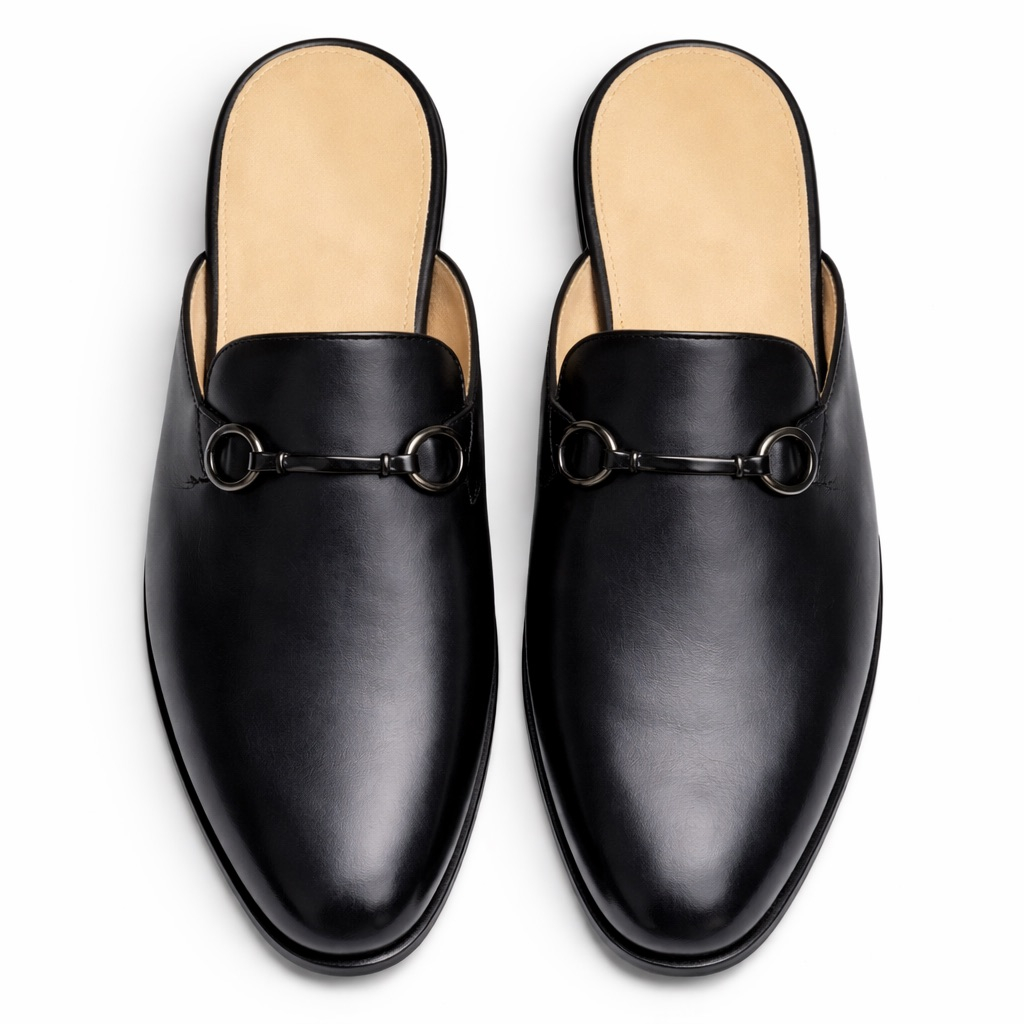 Quality Mens Black Sleek Leather Backless Mule Loafers
