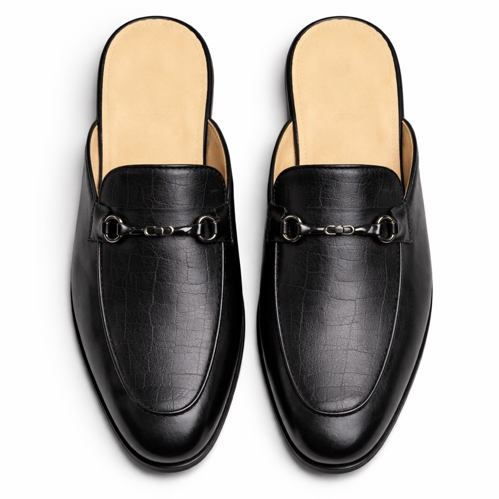Mens Black Croc Texture  Leather Mule Loafers