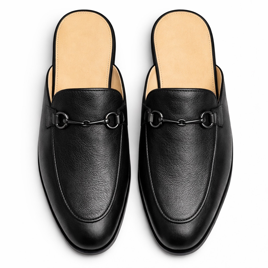 Mens Black Textured  Leather Horsebit Mule Loafers