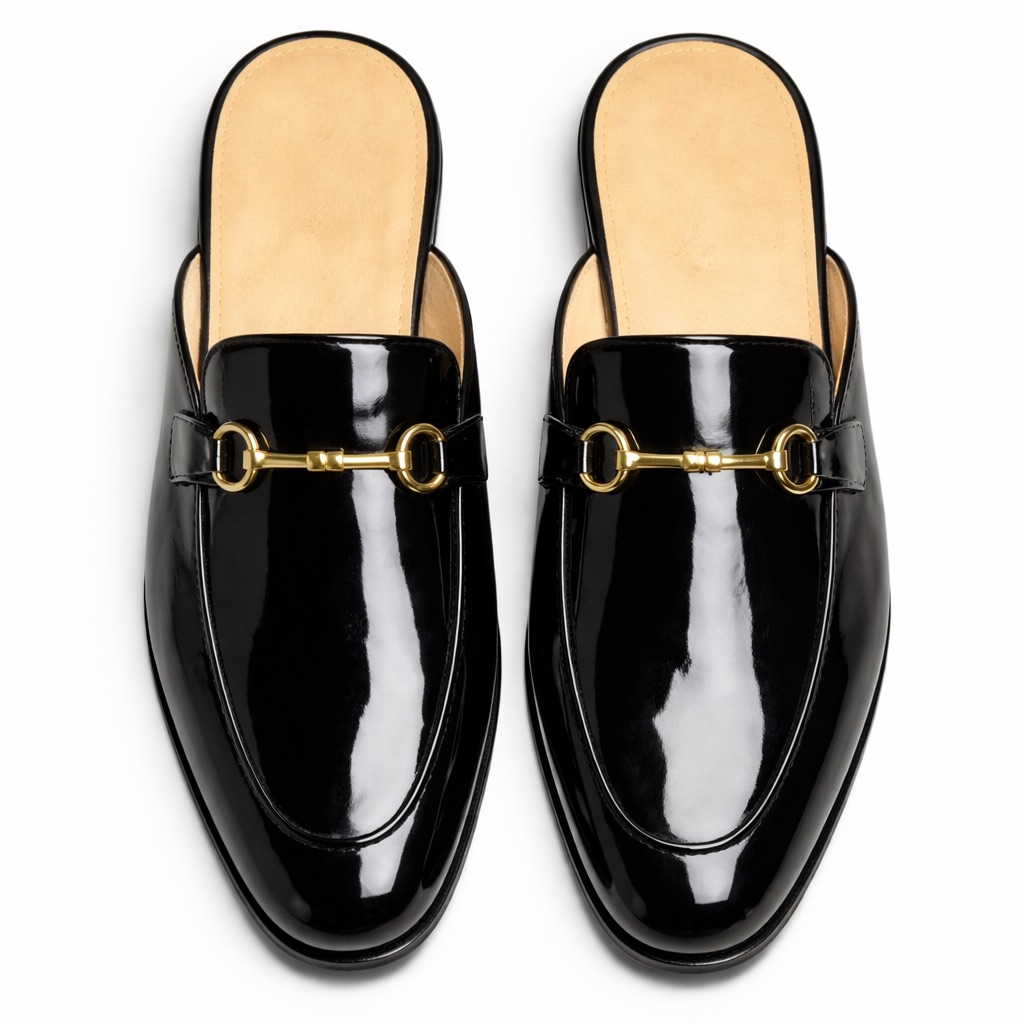 Mens Black Glossy Patent  Leather Horsebit  Mule Loafers