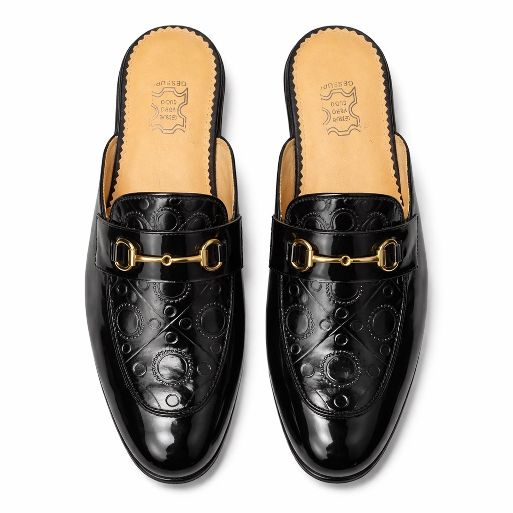 Mens Black Embossed Patent Leather Horsebit Mule Loafers