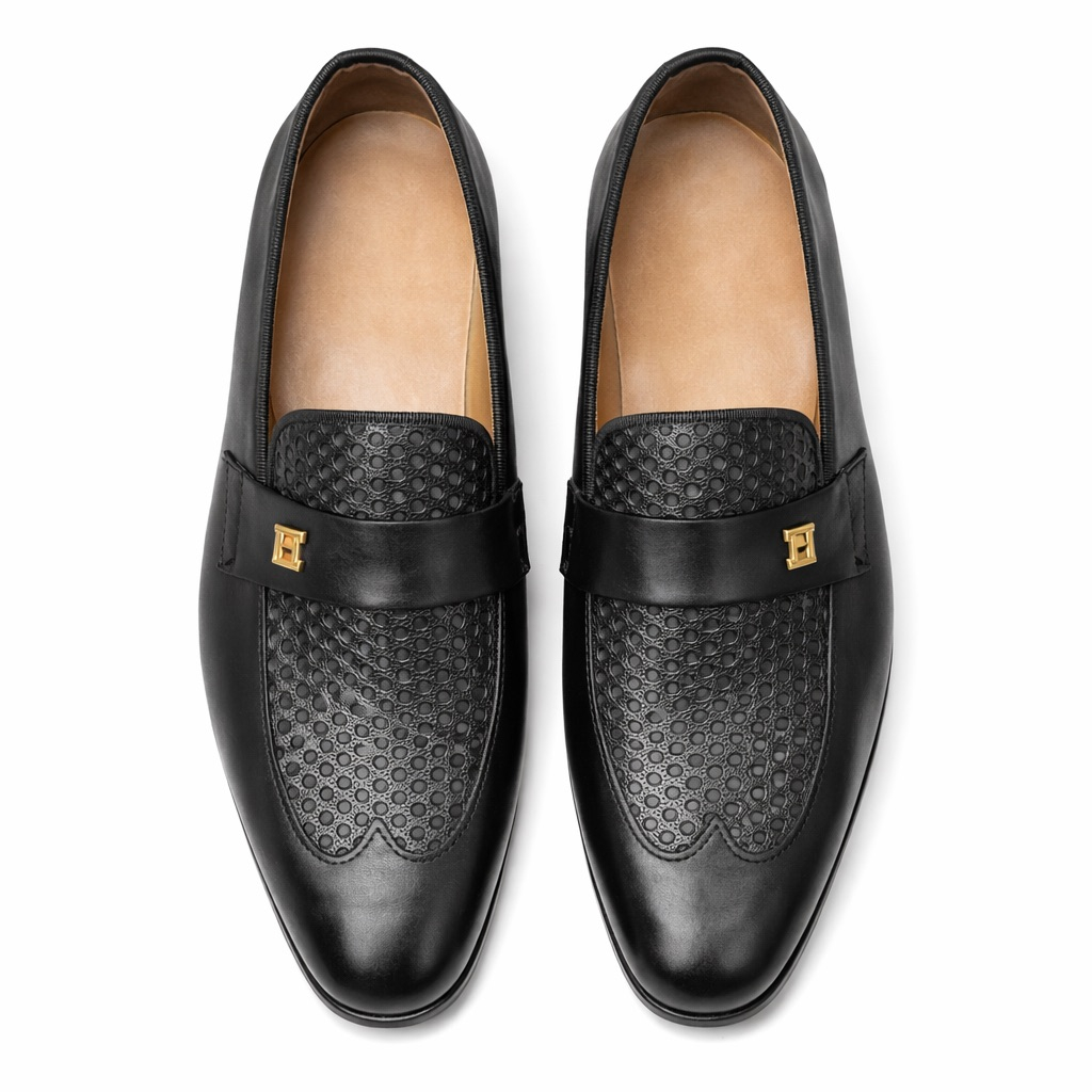 Mens Black Textured Panel Leather Loafers with Strap Detail