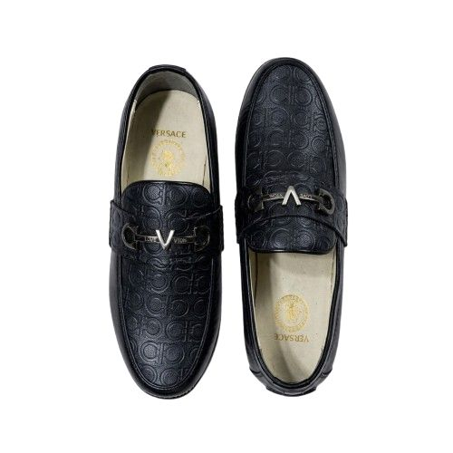 Embossed Pattern Black Slip On Loafers
