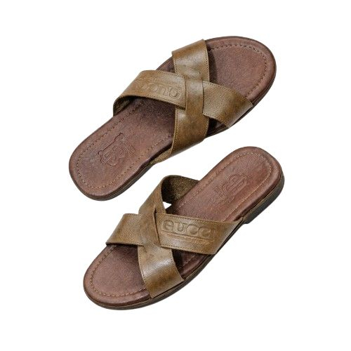 Classic Brown Cross Strap Slip On Sandals