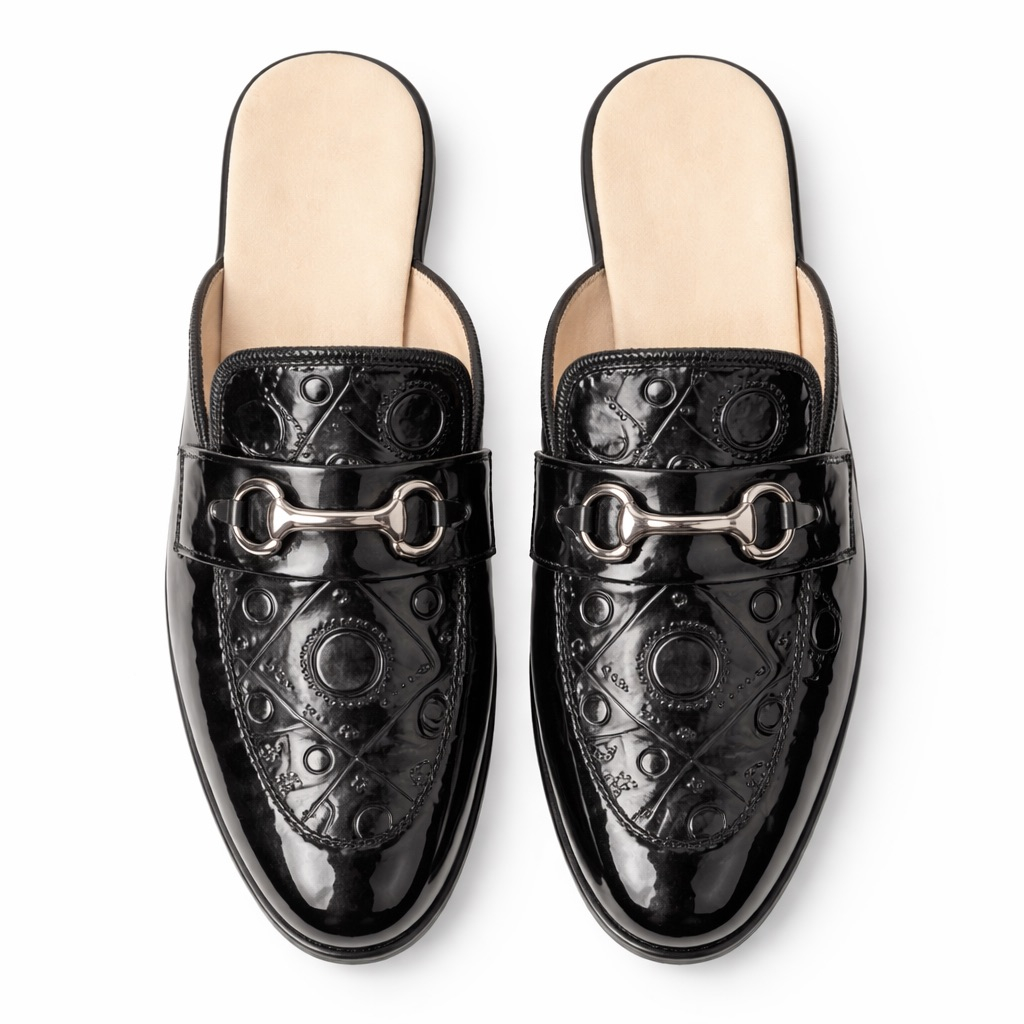 Mens Embossed Patent Leather Mule Loafers with Metal Bit
