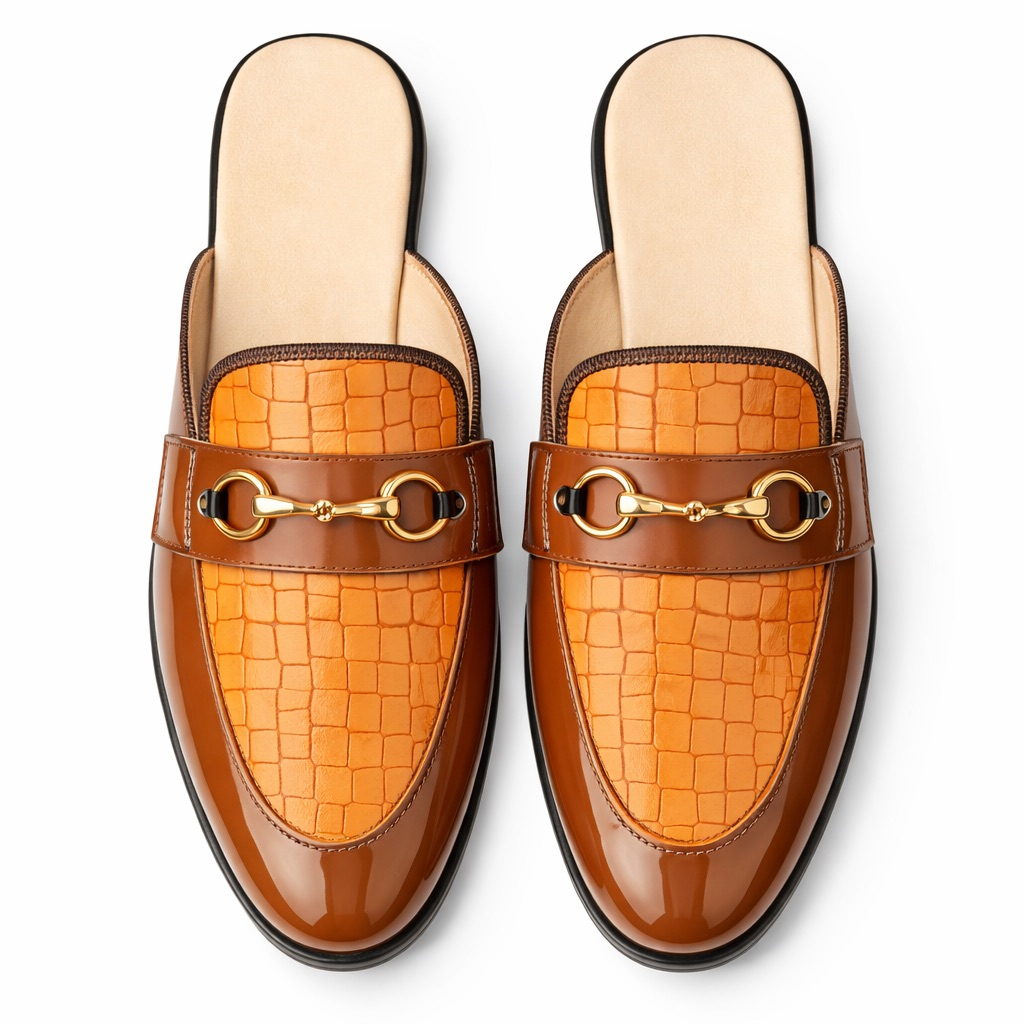 Mens Croc Embossed Leather Mule Loafers with Horsebit