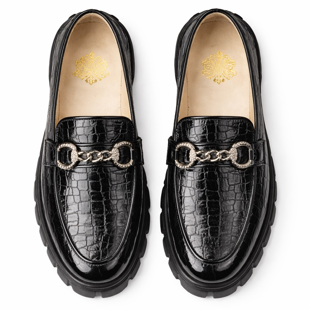 Mens Croc Embossed Patent Leather Mule Loafers with Crystal Chain