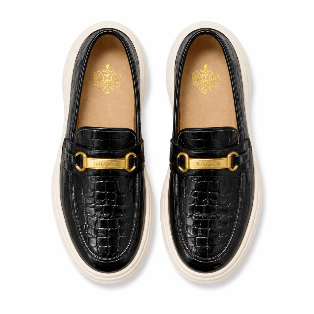 Mens Textured Patent Leather Slip On Loafers with Chain Detail