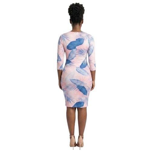 Tropical Foliage Print Three Quarter Sleeve Bodycon Dress