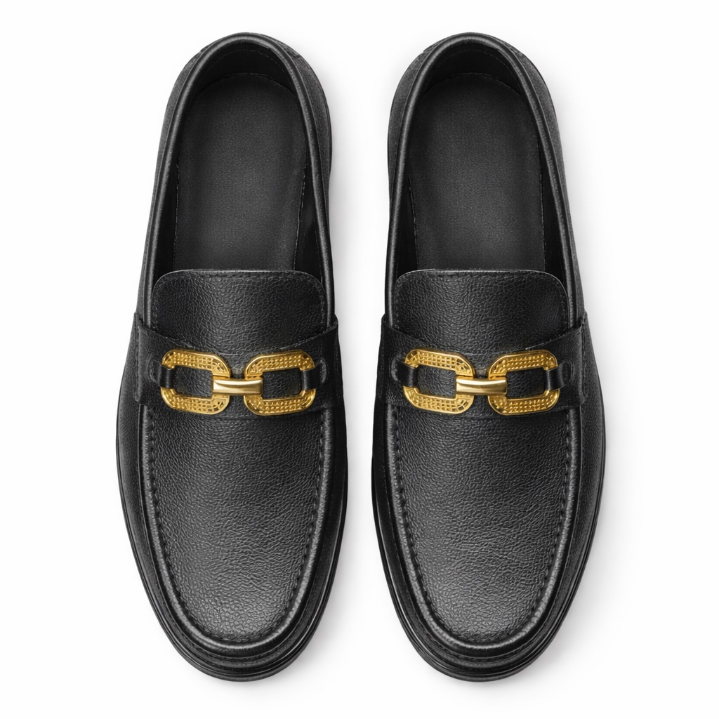 Mens Textured Leather Slip On Loafers with Gold Accent