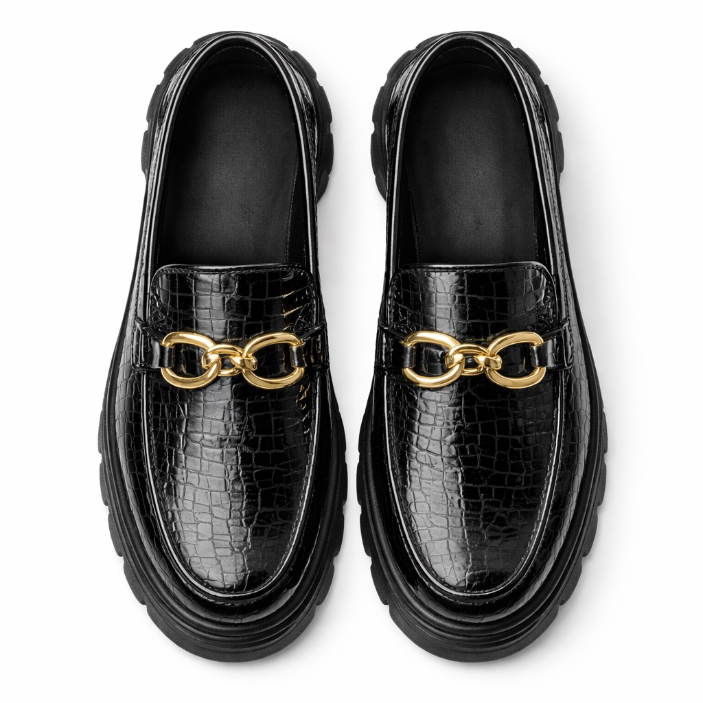 Mens Premium Black Crocodile Texture Chunky Loafers