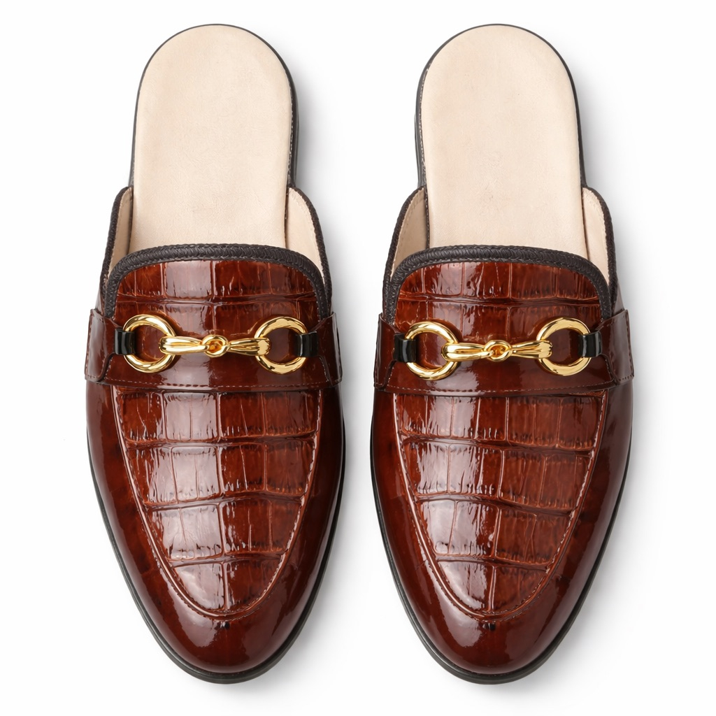 Mens Brown Crocodile Texture Mule Loafers