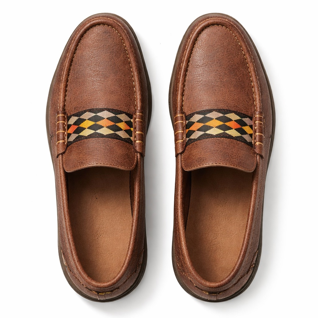 Mens Vintage Leather Slip On Loafers with Pattern Detail