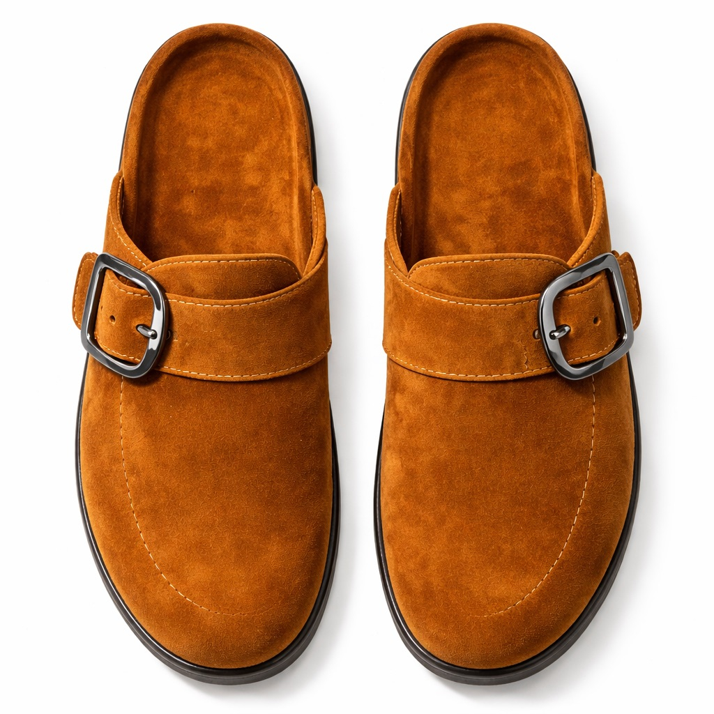 Mens Suede Buckle Strap Slip On Mules       Brown