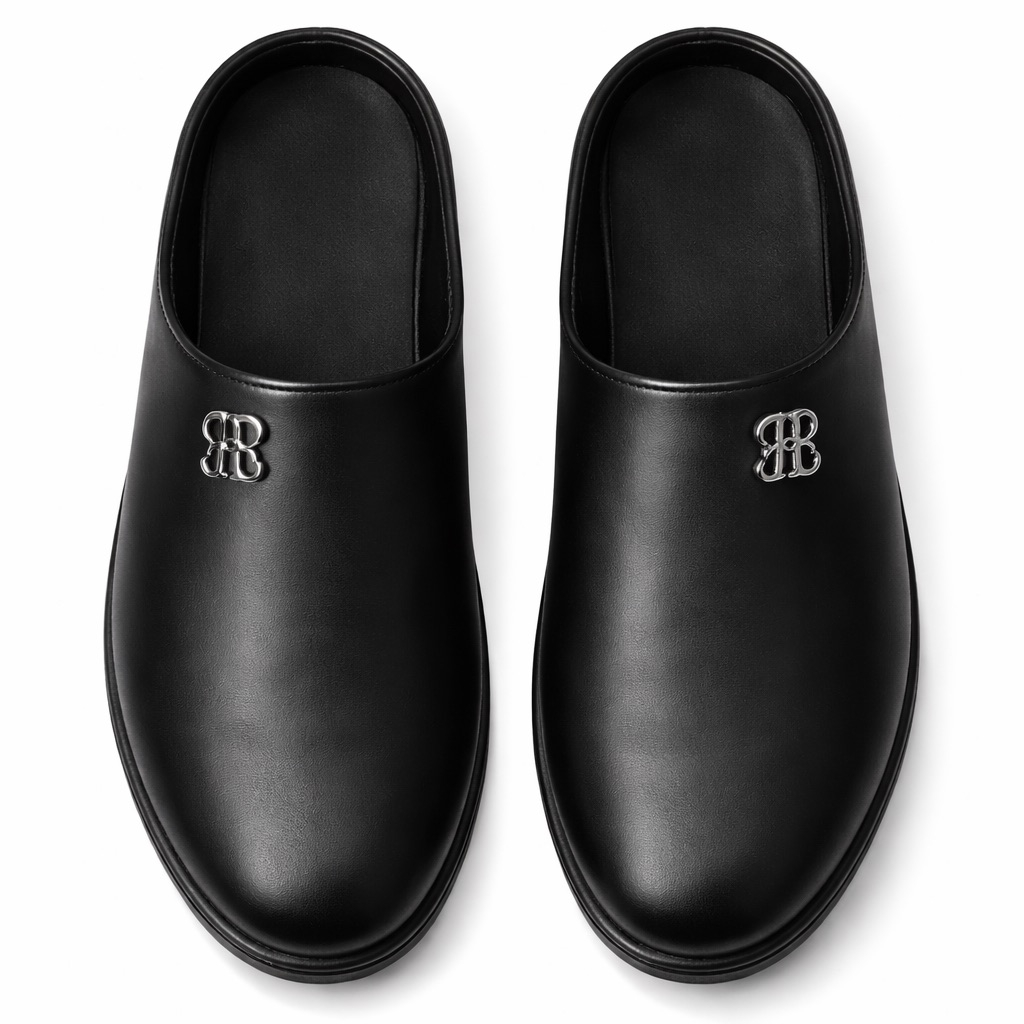 Mens Minimalist Leather Slip On Mules with Metal Detail       Black