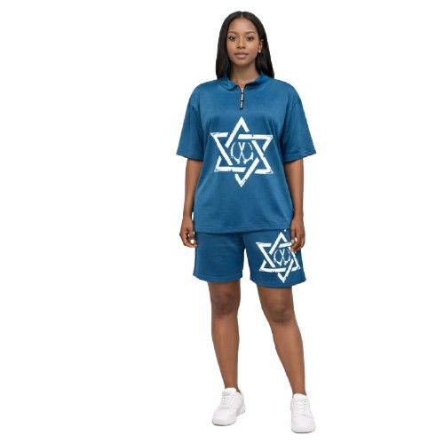 Teal Oversized Quarter Zip Polo and Shorts Graphic Set